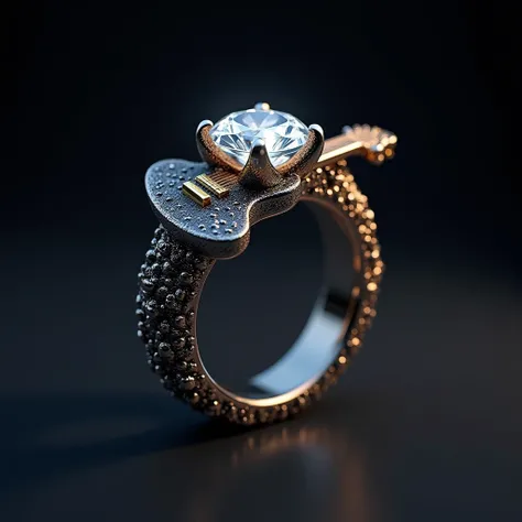 Generate a three-dimensional image of a diamond ring, That represents the musical genre Rock, And that it has a guitar in it