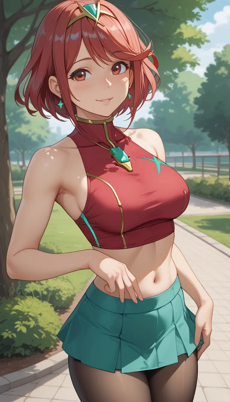  score_9,  score_8_up,  score_7_up,  source_ anime、Highest quality、8k、 masterpiece、super high definition、natural light、perfect anatomy、one woman、 small tits、saggy breasts、glamorous physique、Pyra 、 cute face、(sleeveless rib knit that rubs your chest with bo...