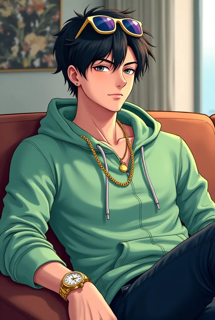 A handsome anime boy wearing sunglasses, gold chain and rolex... wearing light green hoodie... siting on a sofa relaxed... 