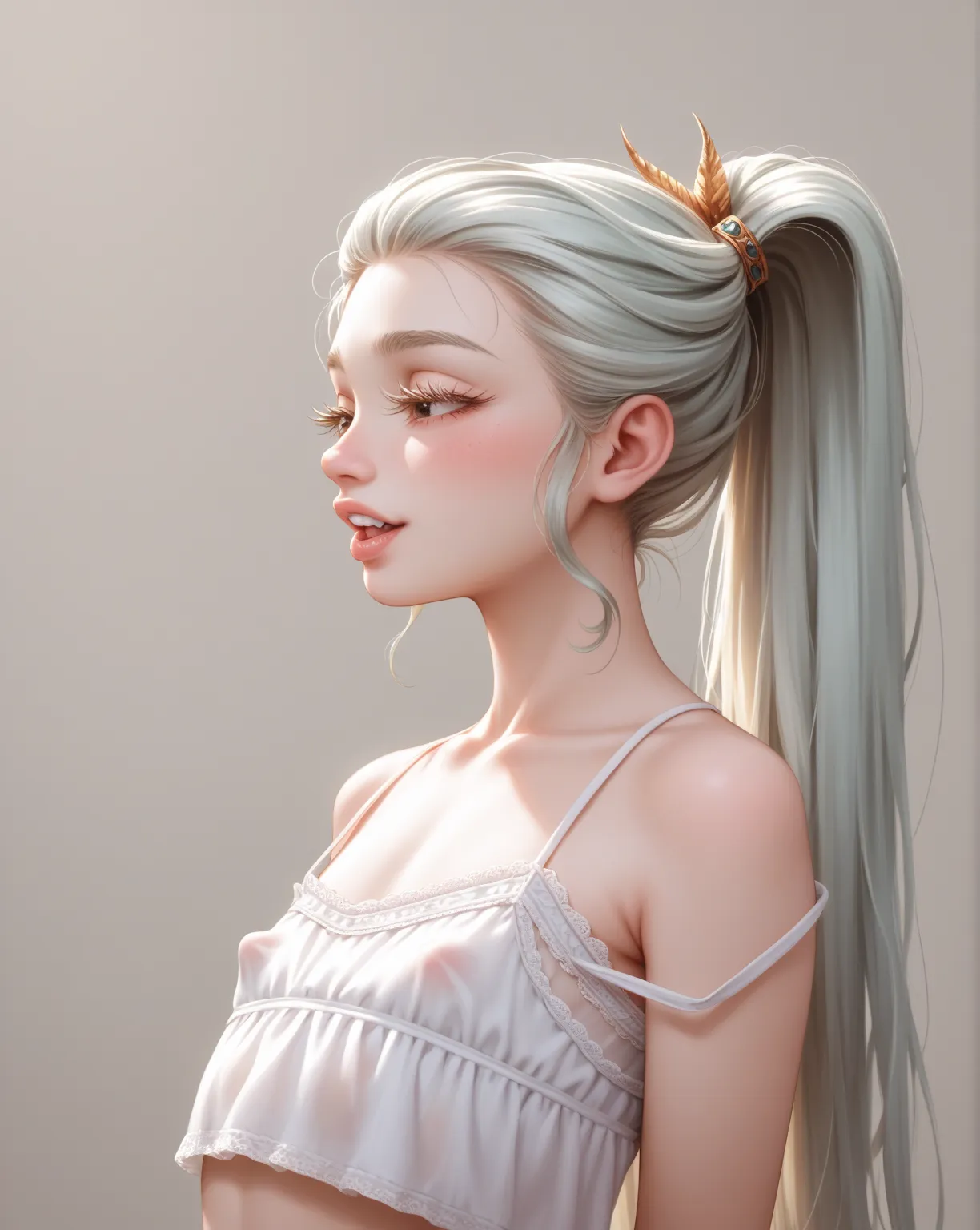 petit nymph , flat chest , puffy nipple , baggy camisole like fantastic clothes , beautiful long hair , hair tie , long Eyelashes , glossy lips , White teeth