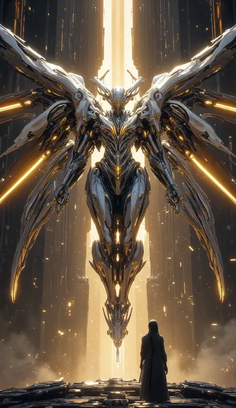 "A mechanical archangel descends from the heavens, its enormous cybernetic wings radiating beams of golden light. Its body is a masterpiece of sleek metal plating, glowing circuitry, and intricate celestial engravings. Below, a futuristic civilization gaze...