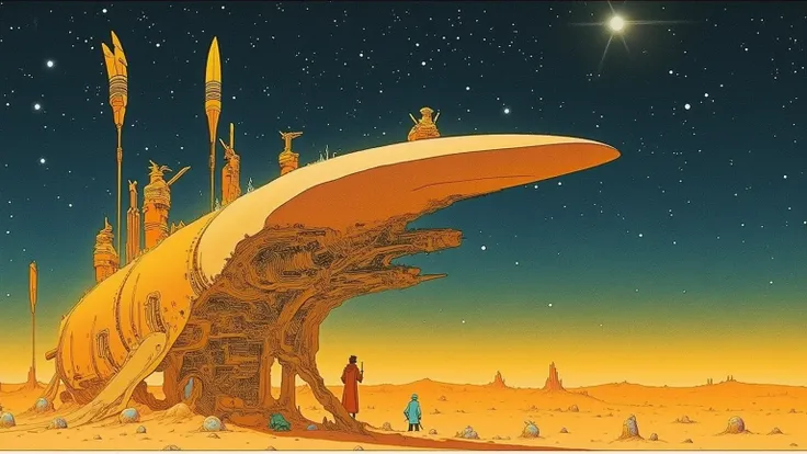 Moebius (Jean Giraud) Style - A picture by Jean Giraud Moebius, Science fiction illustrations, Retro-future. photo realism, 32K. Sci-fi Photoshoot, WIDE ANGLE SHOT, Impressive retro-future, galaxy, Distant nebulas, in Moebius' signature style with sharp de...