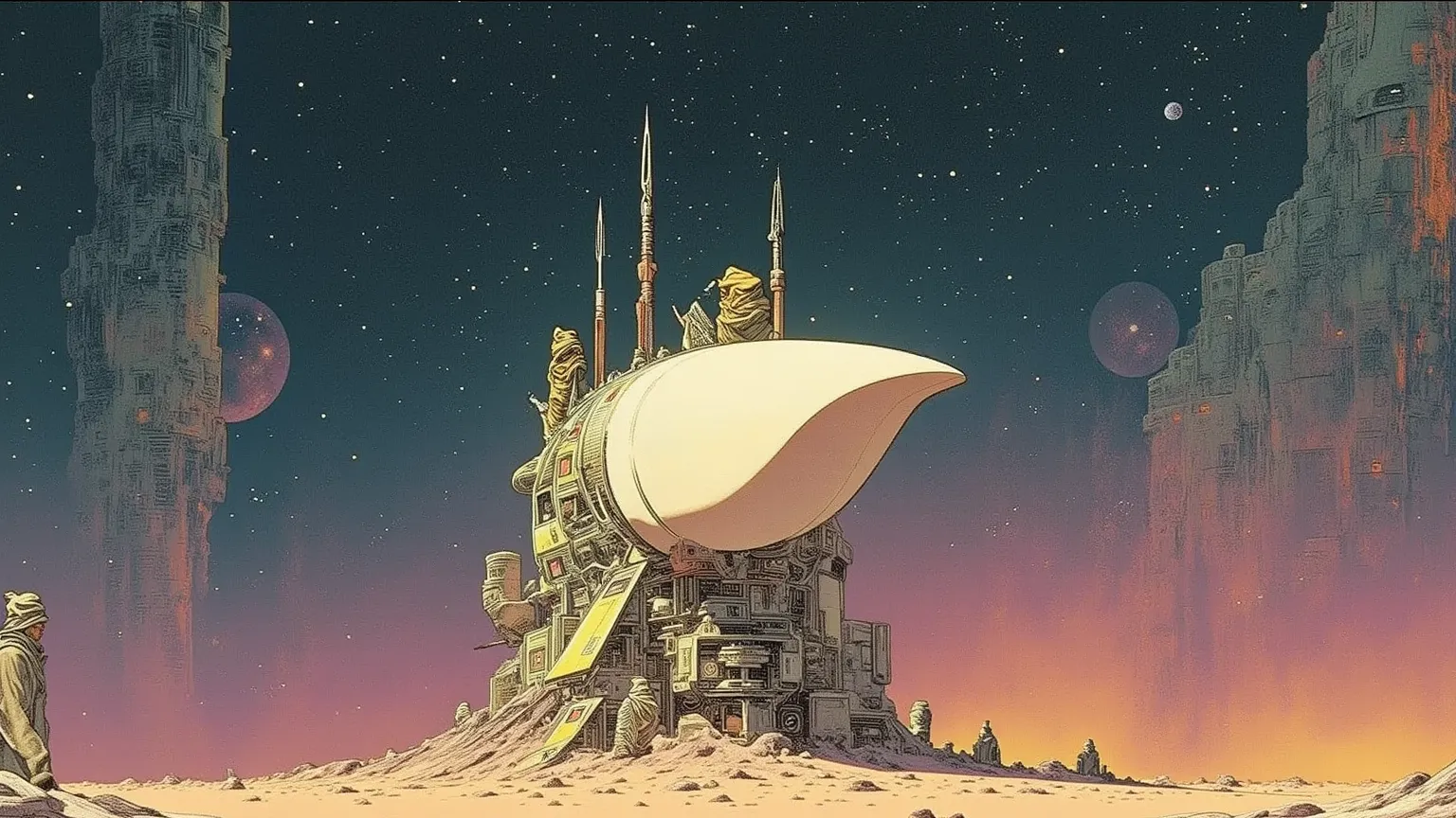 Moebius (Jean Giraud) Style - A picture by Jean Giraud Moebius, Science fiction illustrations, Retro-future. photo realism, 32K. Sci-fi Photoshoot, WIDE ANGLE SHOT, Impressive retro-future, galaxy, Distant nebulas, in Moebius' signature style with sharp de...