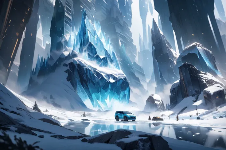 A futuristic Earth trapped in a new Ice Age. Towering skyscrapers covered in frost, futuristic vehicles frozen in time, high-tech structures buried under layers of snow and ice. A cold, desolate atmosphere with a cyan-blue color palette. Dramatic lighting ...