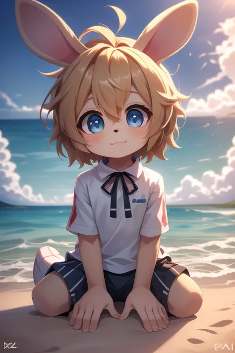 A fully light blue Bunny boy sitting in the ears of a small animal, cute, thick hair, detailed body, Hawaii clothes, beach, cinematic snapshot, lens slot 1.4 from the outside, the best quality, wonderful work  Shota girl 