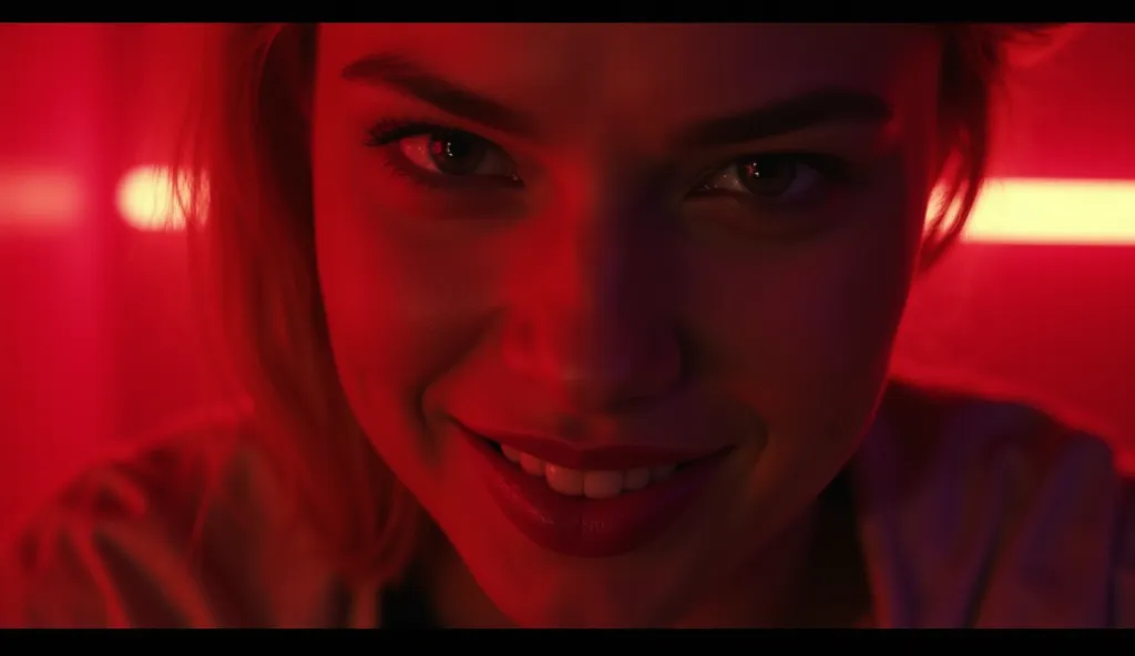 Prompt: Extreme close-up of Margot Robbie’s face, her lips curling into a dangerous smile. The background is blurred, with flickering red neon lights. Her eyes glint with menace.

Camera Angle: Extreme close-up