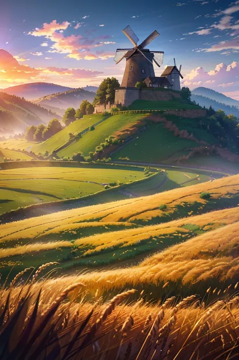 wheat field, Windmill ,   medieval  , valley,  cloud ,  day ,  grass , small village, Stone Pebble Road, thatched hut, (masterpiece, best quality: 1.2)