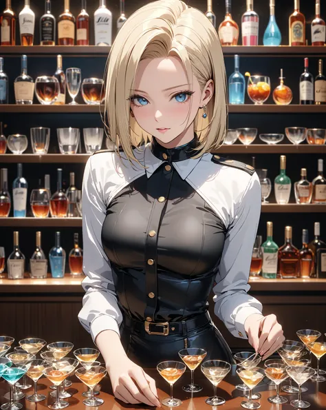 bar, Lots of empty cocktail glasses, Eagerness, (Android 18), masterpiece, highest quality, UHD, retina, masterpiece, accurate anatomy, super detailed, high quality, best quality, 8k