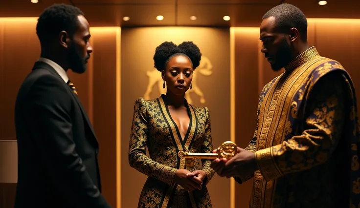 A strong, ambitious African woman stands at the center, draped in a sleek yet culturally rich power suit adorned with intricate golden tribal motifs—seamlessly blending modern corporate authority with deep ancestral heritage. Her face, a striking mix of sh...