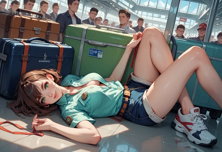 Busy airport, crowd, a cute girl with short brown hair, green eyes, wearing sneakers with untied laces, button up shirt and unzipped shorts, laying on her side on a luggage conveyor belt, sexy pose, very detailed