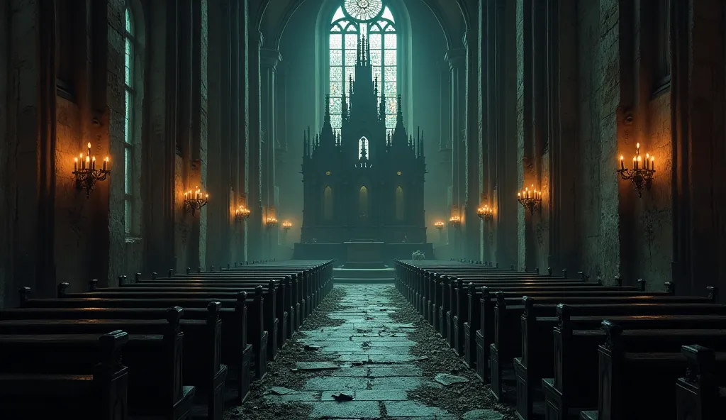 Interior of the sinister church, macabra, lugubrious, ancient and mysterious 