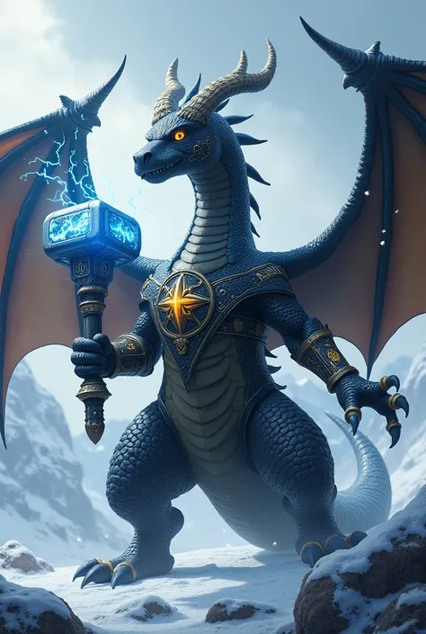 Black dragon charizard with NORDICA outfit, clothing a lightning bolt in his chest and holding a hammer