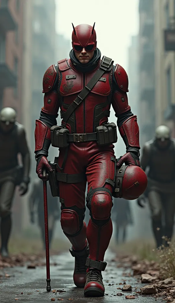 MARVEL Daredevil WITH dirty dark red tactical military suit and his helmet in his hands, With dark glasses and cane walking towards the camera with zombies in the background