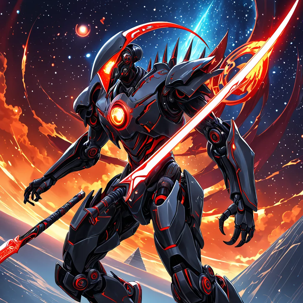 A futuristic, biomechanical warrior with a sleek, black exoskeleton stands under a cosmic sky with fiery pyramid bizarre elements striking bizarre warrior battle poses jump shots wielding a massive scythe with a segmented, glowing red blade. Its sharp, ang...