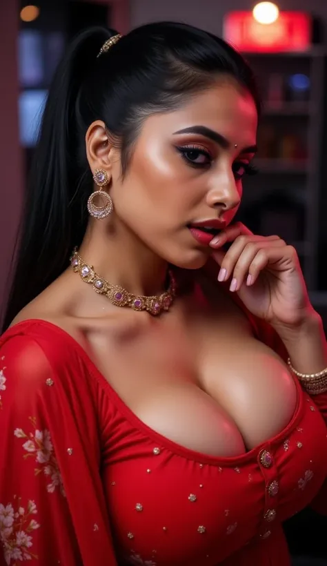 ((Best Quality)), ((Masterpiece)), (Cinematic Photography), (Ultra HD Photography), (Realistic Texture Body).(Oily Skin). (((another woman biting her neck))),Beautiful Indian Woman. (Desi Bhabhi).  Wearing red Colour Crop top. hoop Earings, Jewellery set ,...