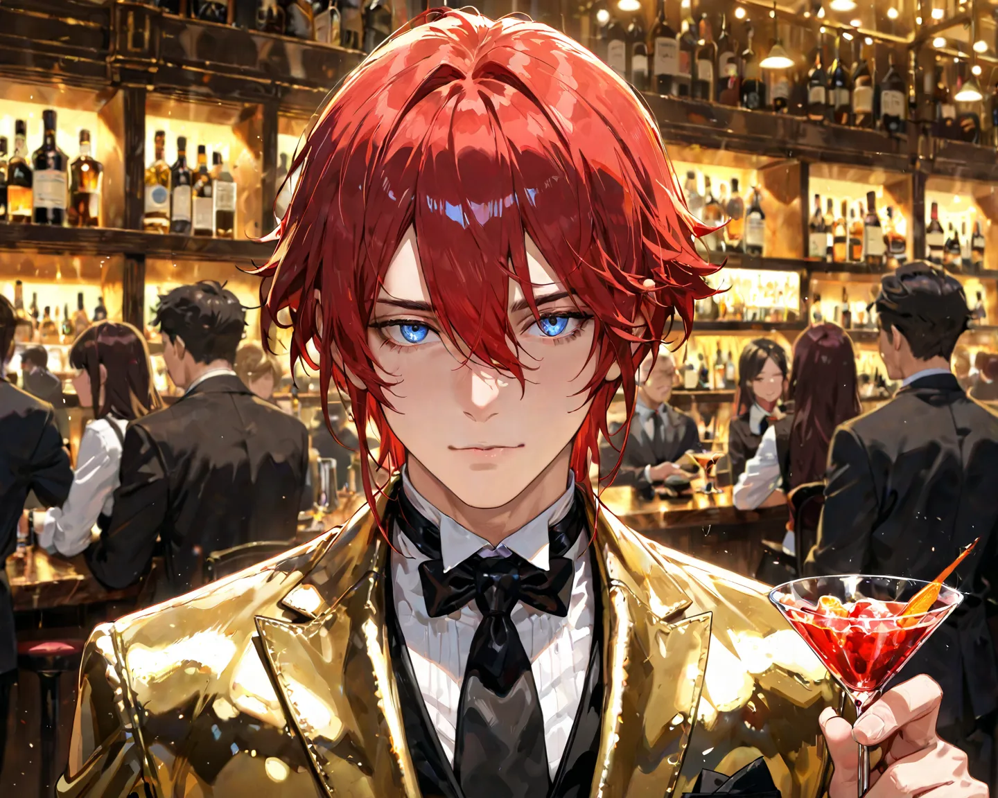 1boy, bartender, red hair, hair inbetween eyes, bright blue eyes cool, detailed eyes, blue eyes, facing viewer, sexy, welcome to Enigma, holding a cocktail, formal attire, black and gold suit, High Resolution, Masterpiece, Accurate, Anatomically Correct, B...