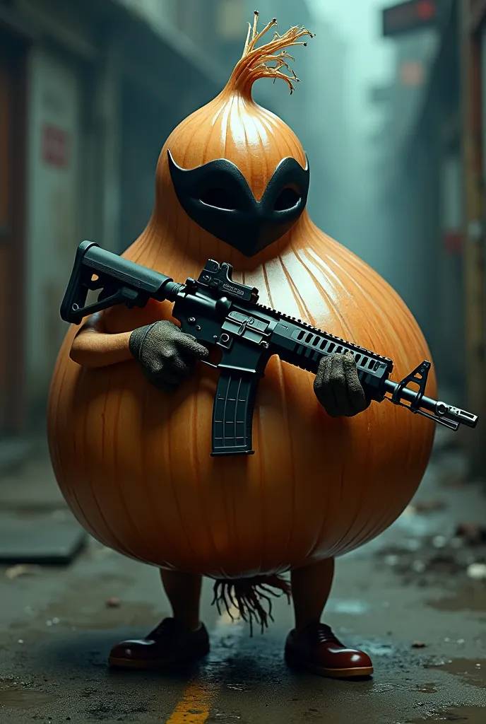 Onion wearing a black mask armed with an M4