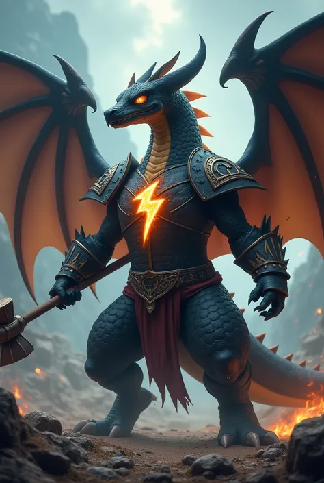  Black charizard with NORDICA clothing, clothing a lightning bolt in his chest and holding a hammer