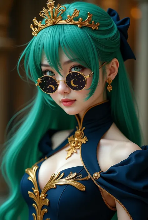 A modelo está usaCharacter C.C from the anime Code Geass wearing a dark blue black dress with gold details, tied hair and a crown on her head.ndo óculos de sol de vidro com estrelas e a lua no vidro