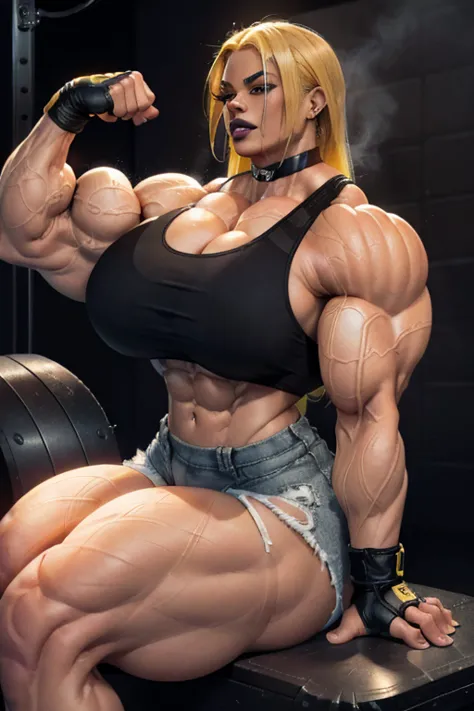 ((Close-up)), tall, (yellow hair) beautiful wet muscular latino woman, long hair, brown skinned, (smirking), ((black lipstick)), (massive muscles), (hyper muscle), (((ginormous bulky muscles))), gray eyes, (((sports bra))), (((short gym shorts))), choker, ...