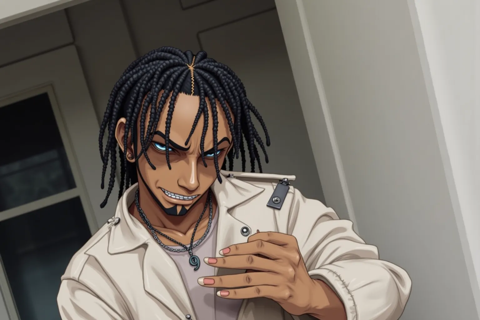 best quality, 1 black man, with dark skin,90s anime,35 years old man, mature ,,dreadlock hair,a pfp ,pfp,blank and glowing eyes, giving a cool vibe. Wearing Open Soft Shell yellow jacket, tan skin,
With a Cuban link necklace with a #9 pendant.
A grin type ...