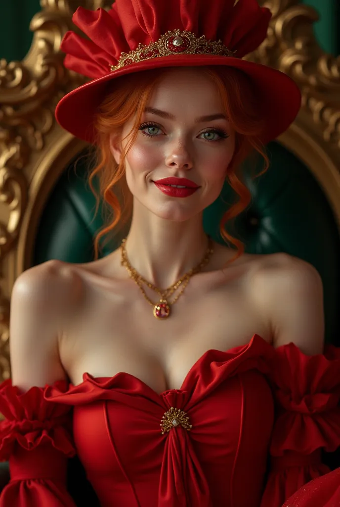 Queen, 25 years old, red dress,ginger hair,
Red hat, on throne smile putting you into her mouth