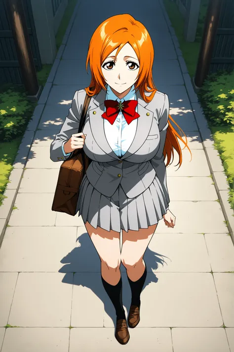 best quality,woman,inoue orihime(BLEACH),orange hair,long hair,large breasts,gray blazer,red bow tie,gray short pleated skirt,black socks,brown loafers