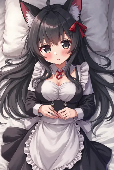 A girl with long black hair and black eyes that has cat ears that are black and is wearing a maid dress with a short skirt with a bell color on a bed blushing a bit laying down as if you are hovering above her and unbuttoning her dress and big breasts and ...