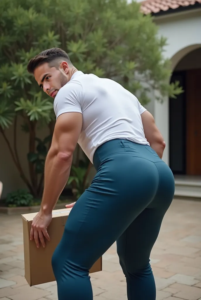 Fotografía realista, 35-year-old muscular (((atletic tall man))) , , View from below, nalgon de perfil, stripe white formal shirt and very tight medium blue trousers, brown belt, de perfil, Big butt, viendo a cámara, ojos negros, en el patio, hombre sexy, ...