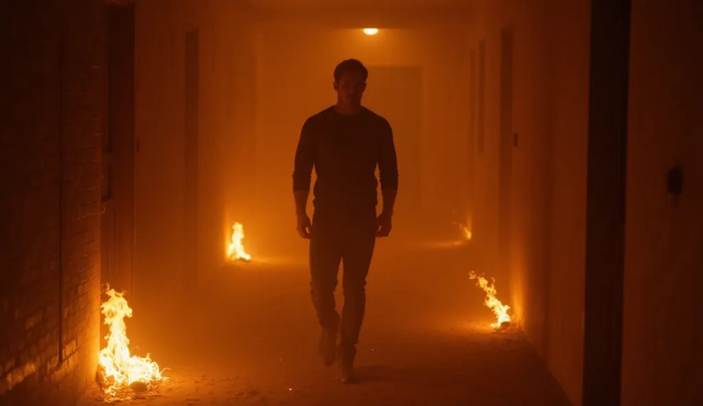 Prompt: Henry Cavill walking through a burning hallway, embers floating around him. The camera follows behind in a slow tracking shot, his silhouette visible through the smoke.

Camera Angle: Over-the-shoulder tracking shot