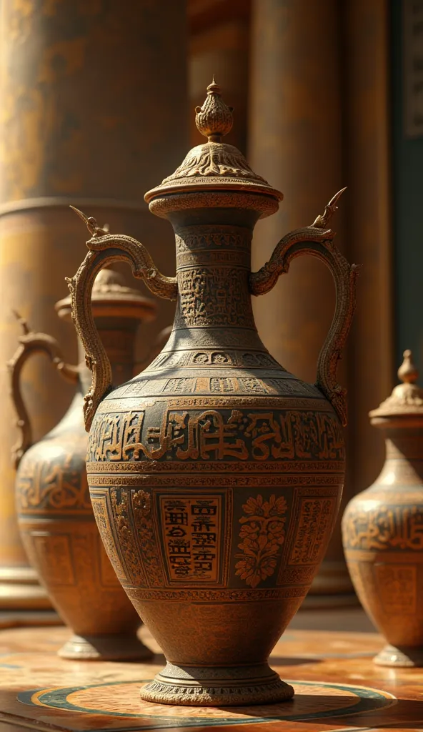 Amphorae with straw lids and clay stoppers that say Mythical History in a palace in ancient Egypt,  ultra real and professional images