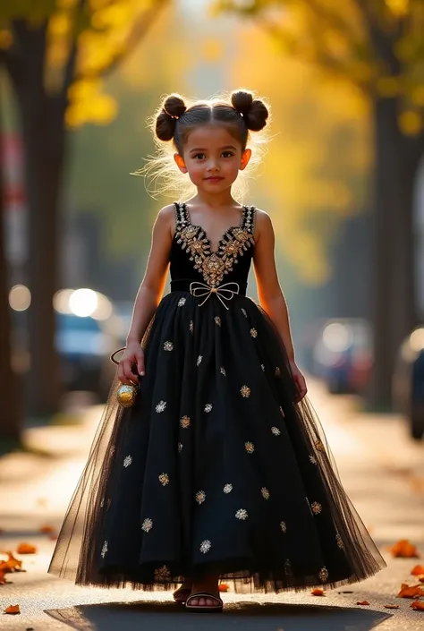 "A lovely  walks gracefully down a charming tree-lined street, wearing a luxurious evening gown. The dress features a voluminous black tulle skirt with intricate gold floral embroidery, and a black velvet bodice with an elegant bow in the center.

Her hair...