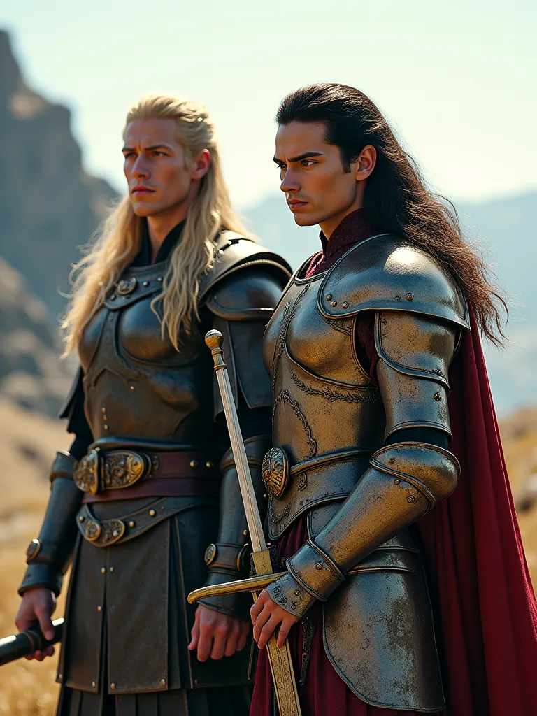 Prince blond guy tall hair standing next to a  Black hair  in armor with a sword 