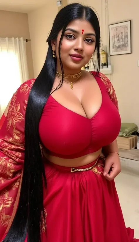   indian chubby women is wearing a full red long skirt, bedroom , red satin  front closer blouse,big Deep cleavage,big sexy chest,big ,detailed body and face, big bright eyes, charming, sexy, perfect anatomy, braid very long silky smooth oily detailed PONY...