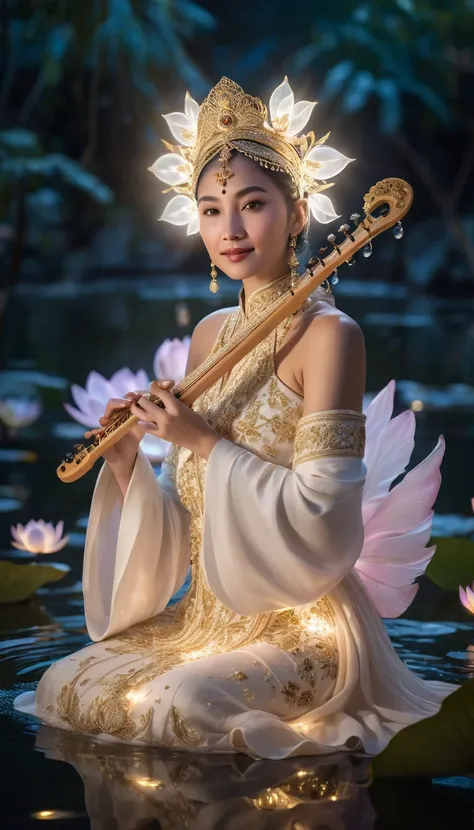 An elegant woman sits on a crystal-lit swan that emits a soft glow, with feathers that glow like gems. Facing the camera with a small smiling expression, she wore a headscarf and a long ivory-white robe with intricate gold embroidery wrapped gently around ...