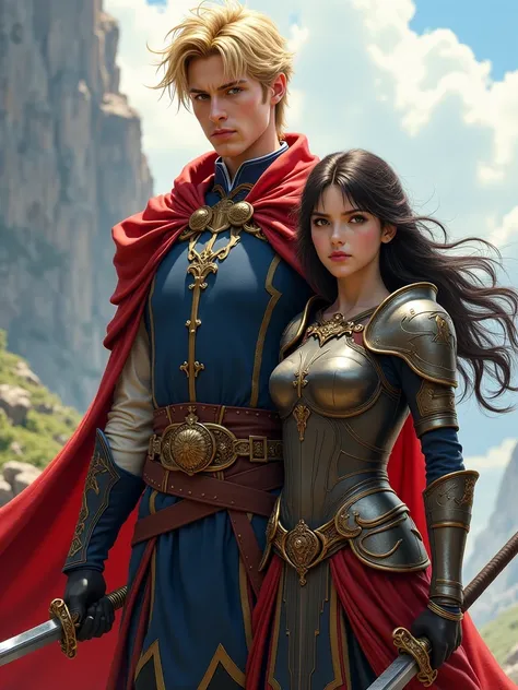 Prince blond guy tall hair standing next to a short girl Black hair  in armor with a sword 