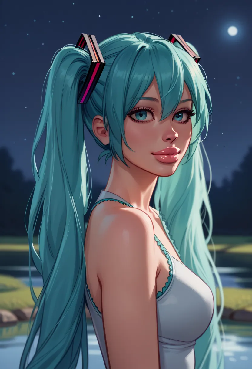 score_9, score_8_up, score_7_up, Western Comics, Portrait, Hatsune Miku, cute, seductive, innocent, light smile:0.3, plump lips, slender body, very long turquoise pigtails, moonlight passing through hair, night lake background, depth of field, dynamic angl...