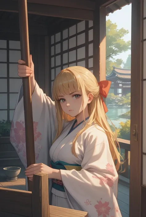 Blonde girl in a light kimono, stands and takes a serious look at the viewer, against Japanese houses and sakura in the background