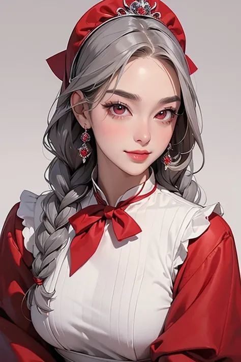 (Highest quality, masterpiece:1.2),  nothing , 最高masterpiece、very well detailed, realistic:1.37,    fantasy,  illustration of a woman with a penis ,Gray Hair、 red eyes、   queen, white dress、beautiful、 Eye Shadow Red     、   thick eyebrows、long lashes、生徒は黒p...