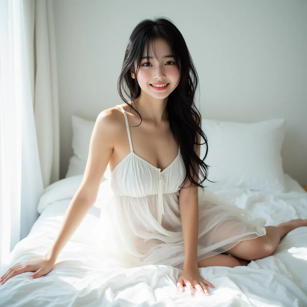 (( Top Quality)), ((傑 Top Quality、  masterpiece、High sensitivity、   oconnor  、 8k,  masterpiece, Highest quality, beautiful Korean woman without pants,  on all fours、   Eye Level Perspective  , smile, long black hair,  slender figure, white sheer long cami...