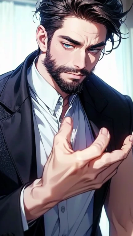 (  idiot,4K,8k,    highres,  masterpiece:1.2),  ultra-detailed,(Realistic,photoRealistic,photo-Realistic:1.37),36-year-old man,3 day beard,cute anime ,Portraits,strong,masculine,    dark hair,sharp jaw,        mesmerizing eyes        ,    perfectly combed ...