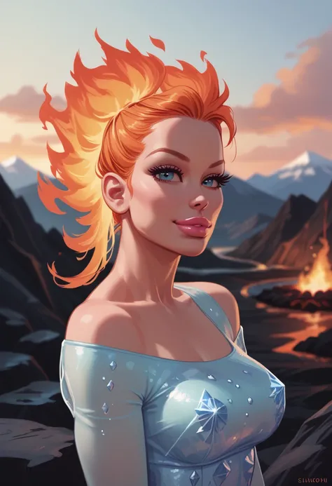 score_9, score_8_up, score_7_up, Western Comics, Portrait, girl, cute, seductive, innocent, light smile:0.3, plump lips, slender body, fire and ice, flaming hair, wild hair, in ice dress, Volcano Background, depth of field, dynamic angle, fashion photograp...