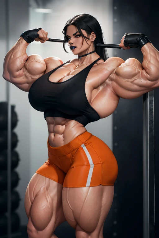 ((Close-up)), tall, (black hair) beautiful wet muscular woman, long hair, black skinned, (smirking), ((black lipstick)), (massive muscles), (hyper muscle), (((ginormous bulky muscles))), orange eyes, (((sports bra))), (((short gym shorts))), choker, sneake...