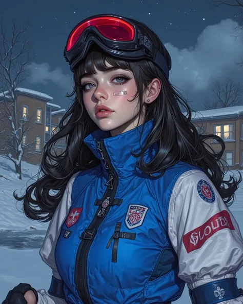 The illustration features a 19-year-old girl (British) with a sporty and futuristic style . She wears a blue outfit with white and red details, similar to a ski suit, , which gives her a dynamic and adventurous air. Her protective glasses over her head and...