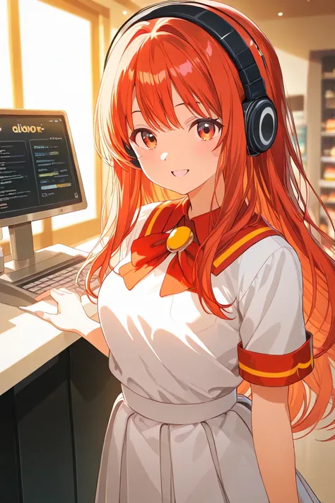 lovely girl, McDonald's uniform , inviting, long hair, brooch,  cash register, auidifonos