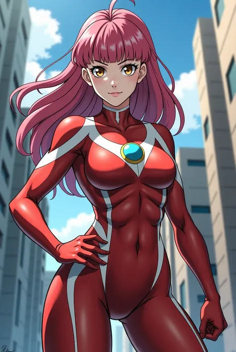  My Hero Academia Style , Anime girl, female, young female,muscular female,Full Body Shot,(fighting Pose:2),Long hair, Red Hair,  Brown Eyes,Hero Suit, Full Body Suit, red suit with white details,small round blue jewel in the center of the chest, perfect a...