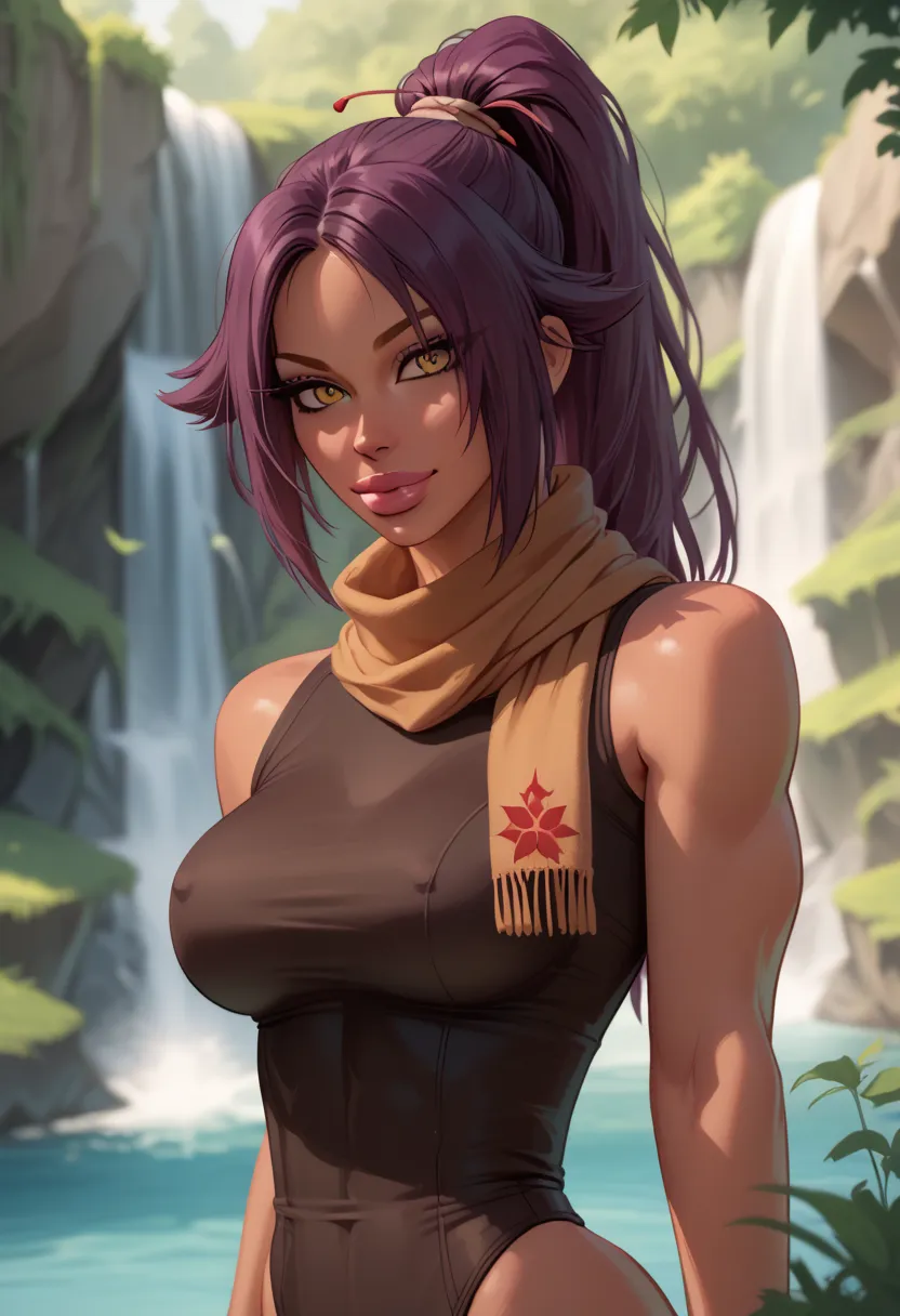 score_9, score_8_up, score_7_up, Western Comics, Portrait, Shihouin Yoruichi, cute, seductive, innocent, light smile:0.3, plump lips, slender body, cute dark skin, ponytail, leotard, scarf, waterfalls background, depth of field, dynamic angle, fashion phot...