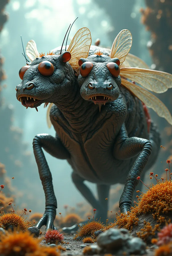 Mutant animal with 2 dragonfly heads merging with a hypopotamus 