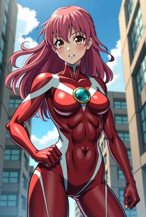  My Hero Academia Style , Anime girl, female, young female,muscular female,Full Body Shot,(fighting Pose:2),Long hair, Red Hair,  Brown Eyes,Hero Suit, Full Body Suit, red suit with white details,small round blue jewel in the center of the chest, perfect a...