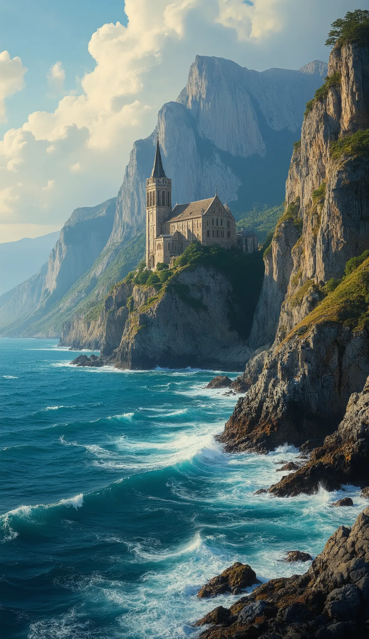  High Resolution Images、 Abbey Seen from the Sea、A masterpiece of oil painting   , bright color ,  Epic Dramatic Expression in Intense Style,  Gothic Church at the Top  , View from the sea,  BREAK's Masterpiece    , High Quality Intricate Ocean Details ,  ...